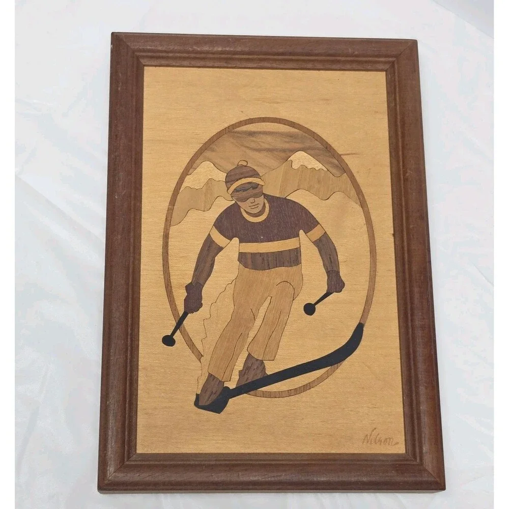 Vintage Marquetry Wood Inlay Snow Skier 6.75 X 9.75 Hudson River Signed NELSON